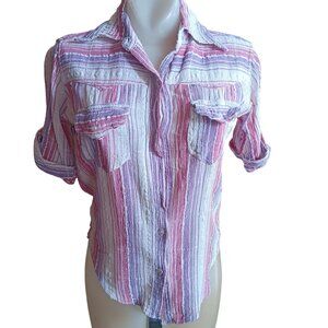Medium Vintage 1970's Boho Striped Button-Up Blouse Roll-Up Sleeves Pink Purple